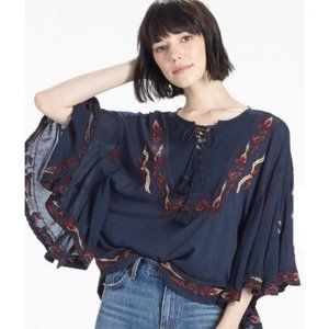 Lucky Brand Navy and Red Embroidered Blouse